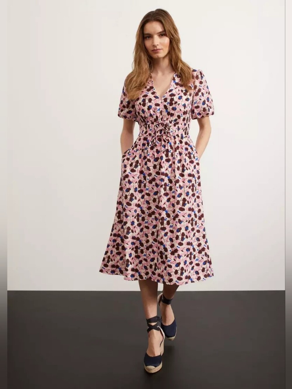 HOBBS Melbury Dress Multi Floral Pink Midi size 12 Puff Sleeve